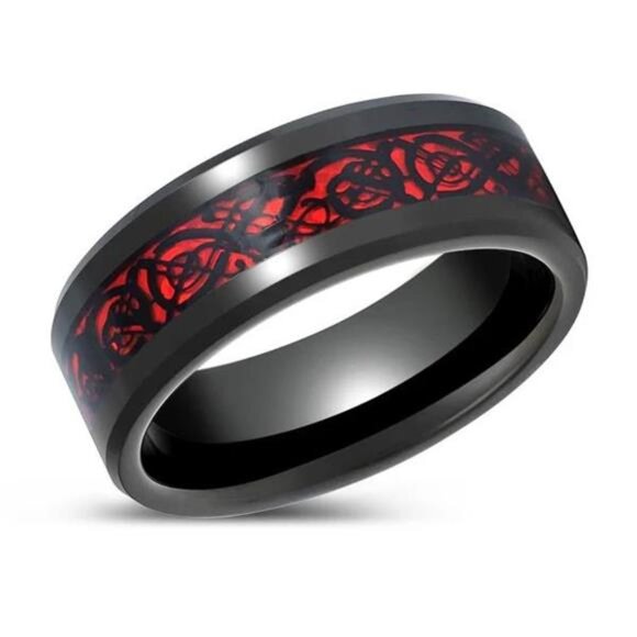 Men's Wedding Band Ring 6mm Red Celtic Dragon Black Carbon Fiber for Men & Women - Picture 4 of 5